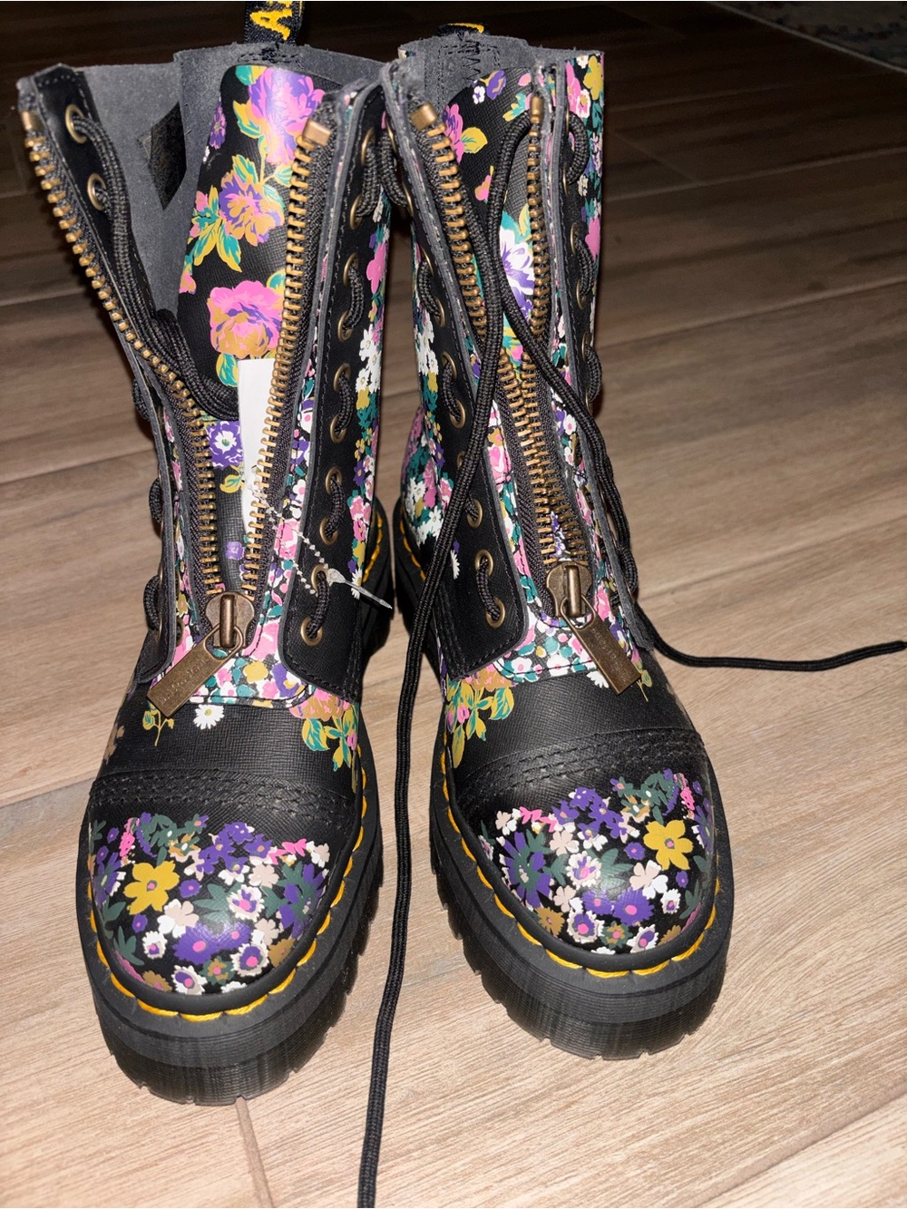 Floral Combat Lace-Up Boots - Black with Multi Floral